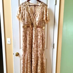 R&M Richards Gold Sequin Dress Gown Size 14P Petite Special Occasion Evening